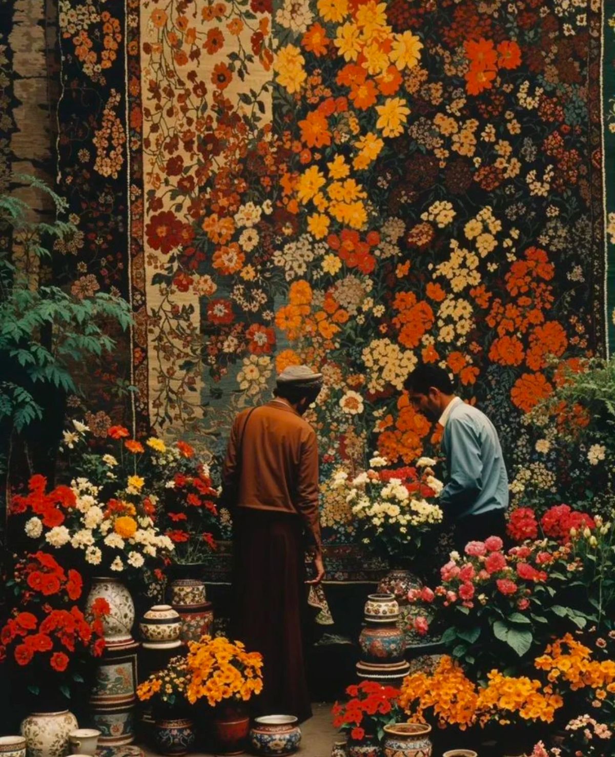 Floral tapestry and market